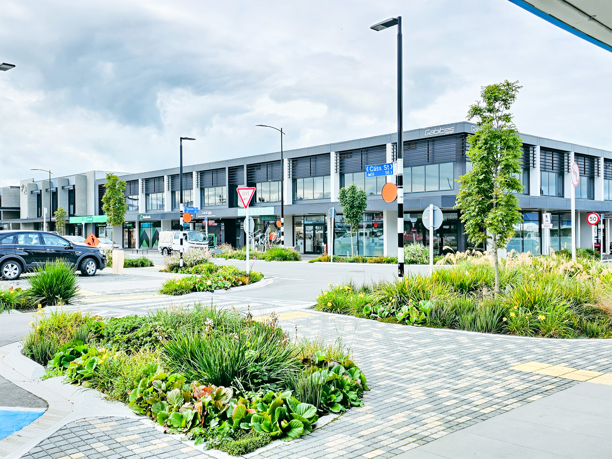 Gardens in Ashburton commercial area, with beautiful shrubs and trees supplied by Easy Big Trees.