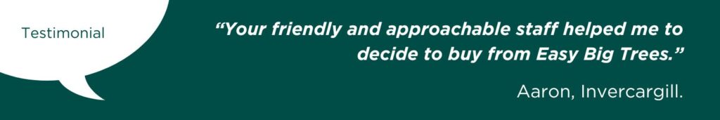 Testimonial from Aaron, Easy Big Trees customer from Invercargill: "Your friendly and approachable staff helped me to decide to buy from Easy Big Trees."